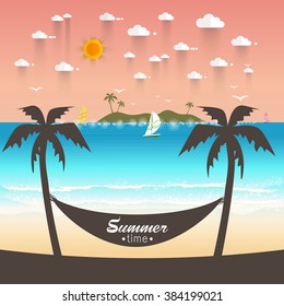 Beautiful beach with white sand, wave of sea, sailboat and sunrays. Text for travel agents. Summer offers Vector 
illustration