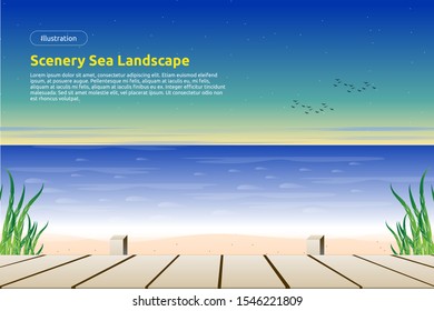Beautiful beach with wooden floor and colorful sky background
