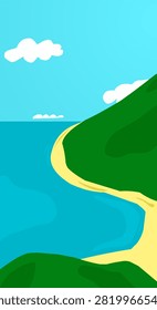 beautiful beaches and white sand and green and lush hills in summer, beach illustration
