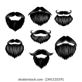 Beautiful beards. A collection of emblems of a men's barbershop. A set of hipster beards with different haircuts. Silhouettes, emblems, badges, labels. Vintage engraving stylized. Vector illustration.