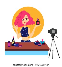 Beautiful beauty blogger record or streaming make up content flat vector illustration. Beauty blogger youtuber creating video for reviewing products.