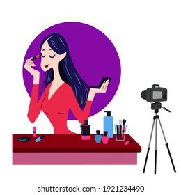 Beautiful beauty blogger record or streaming make up content flat vector illustration. Beauty blogger youtuber creating video for reviewing products.