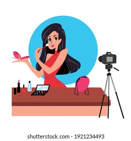 Beautiful beauty blogger record or streaming make up content flat vector illustration. Beauty blogger youtuber creating video for reviewing products.