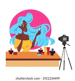 Beautiful beauty blogger record or streaming make up content flat vector illustration. Beauty blogger youtuber creating video for reviewing products.