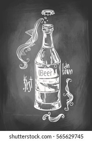Beautiful beer bottle on a dark background. Imitation boards and chalk. Beverage in the bottle with a lid. Doodle style. Modern original illustration. 