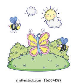 beautiful bees flying with butterfly