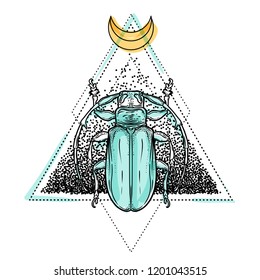 Beautiful beetle over sacred geometry, isolated vector illustration. Tattoo sketch. Mystical symbols and insects. Alchemy, religion, occultism, spirituality, coloring book. Hand-drawn vintage.