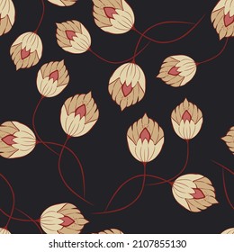 Beautiful beige meadow flowers on a stylish dark blue background. Abstract seamless botanical pattern. Can be used for wallpapers, covers, postcards, textiles, website, prints. Vector illustration