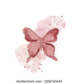 Beautiful beige watercolor abstract translucent butterfly on the white background. Wings look like wet watercolor splashing.
