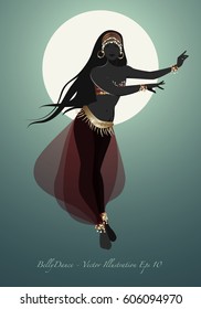 Beautiful belly dancer silhouette under the moon wearing exotic clothes. Vector illustration