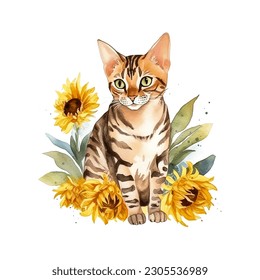 Beautiful Bengal Cat with Sunflowers Watercolor and Vector Illustration
