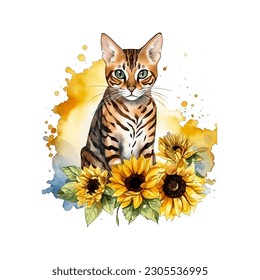 Beautiful Bengal Cat with Sunflowers Watercolor and Vector Illustration