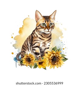 Hermoso gato bengalí con acuarela de girasol e iluminación vectorial