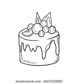 Beautiful bento-cake with fruits orange, blueberry with chocolate balls and glaze in black isolated on white background. Hand drawn vector sketch illustration in doodle vintage engraved style.