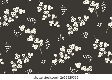Beautiful berry branches falling along with snow in a minimalist botanical pattern in colors of white and green on black background. Christmas seamless vector pattern. Great for home decor, fabric,etc