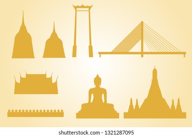 Beautiful best dream destination bangkok city thailand travel golden silhouette of famous landmark icons for us as elements in banner ,poscard ,card ,brochure vector eps10