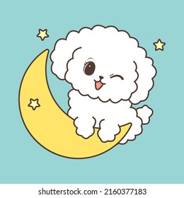 Beautiful Bichon Frise On The Moon. Cute Little Illustration Of Dog For Kids, Baby Book, Fairy Tales, Covers, Baby Shower Invitation, Textile T-shirt. Vector Illustration Of A Cute Pet.