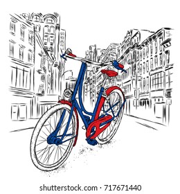 A beautiful bicycle on a city street. Vector illustration. Vintage bicycle.