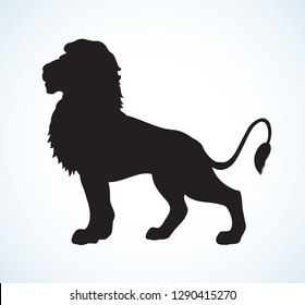 Beautiful big african proud powerful nobility big leo standing and fierce looking for prey. Dark ink hand drawn logotype emblem pictogram badge in art contour style on paper space for text. Side view