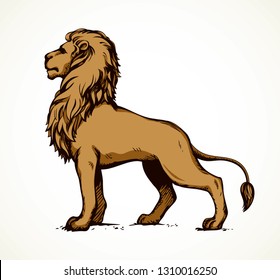 Beautiful big african proud powerful nobility big leo standing and fierce looking for prey. Bright brown color hand drawn logo emblem pictogram in art outline style on paper space for text. Side view
