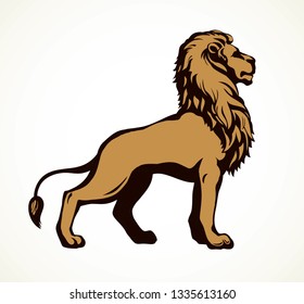 Beautiful big african proud powerful nobility big leo standing and fierce looking for prey. Bright brown color hand drawn logo emblem pictogram in art outline style on paper space for text. Side view