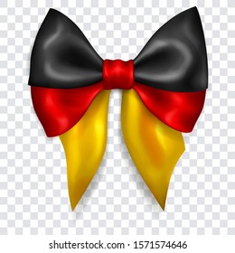 Beautiful big bow in colors of Germany flag made of shiny ribbon with shadow on transparent background. Transparency only in vector format