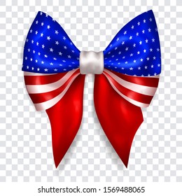 Beautiful big bow in colors of USA flag made of shiny ribbon with shadow on transparent background. Transparency only in vector format