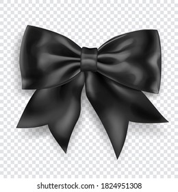 Beautiful big bow made of black ribbon with shadow on transparent background. Transparency only in vector format