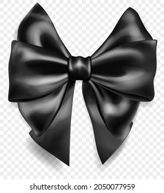 Beautiful big bow made of black ribbon with shadow, isolated on transparent background. Transparency only in vector format