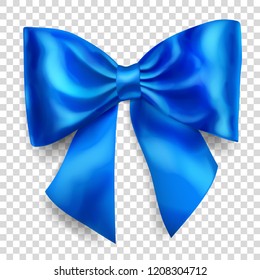 Beautiful big bow made of blue ribbon with shadow on transparent background