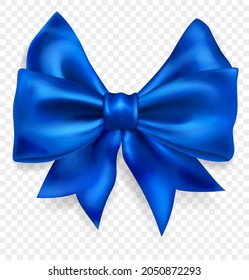 Beautiful big bow made of blue ribbon with shadow, isolated on transparent background. Transparency only in vector format