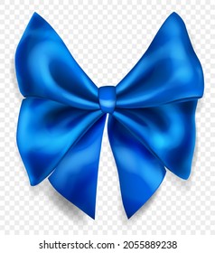 Beautiful big bow made of blue ribbon with shadow, isolated on transparent background. Transparency only in vector format