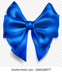 Beautiful big bow made of blue ribbon with shadow, isolated on transparent background. Transparency only in vector format
