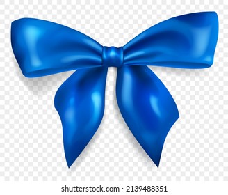 Beautiful big bow made of blue ribbon with shadow, isolated on transparent background. Transparency only in vector format
