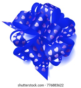 Beautiful big bow made of blue ribbon with small shiny hearts with shadow on white background