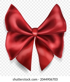 Beautiful big bow made of burgundy ribbon with shadow, isolated on transparent background. Transparency only in vector format
