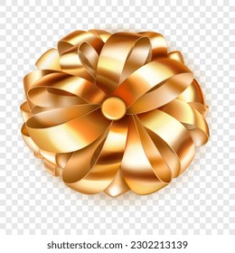 Beautiful big bow made of golden shiny ribbon loops with shadow on transparent background