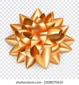 Beautiful big bow made of golden shiny ribbon loops with shadow on transparent background