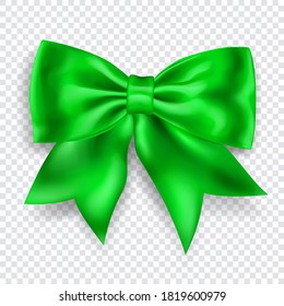 Beautiful big bow made of green ribbon with shadow on transparent background. Transparency only in vector format