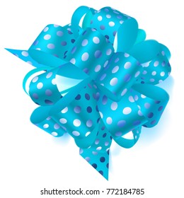 Beautiful big bow made of light blue ribbon in polka dots with shadow on white background
