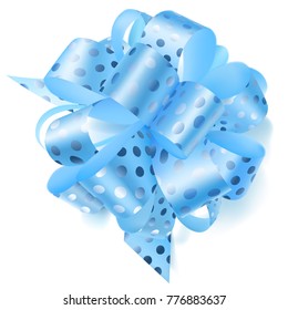 Beautiful big bow made of light blue ribbon in polka dots with shadow on white background