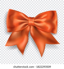 Beautiful big bow made of orange ribbon with shadow on transparent background. Transparency only in vector format