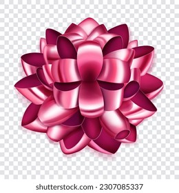 Beautiful big bow made of pink shiny ribbon loops with shadow on transparent background