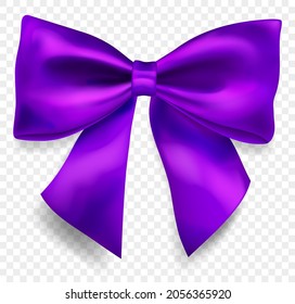 Beautiful big bow made of purple ribbon with shadow, isolated on transparent background. Transparency only in vector format