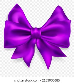 Beautiful big bow made of purple ribbon with shadow, isolated on transparent background. Transparency only in vector format
