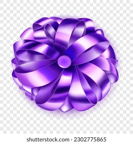 Beautiful big bow made of purple shiny ribbon loops with shadow on transparent background