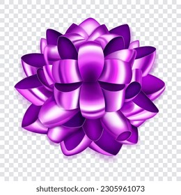 Beautiful big bow made of purple shiny ribbon loops with shadow on transparent background