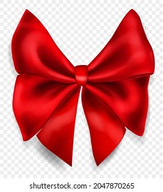 Beautiful big bow made of red ribbon with shadow, isolated on transparent background. Transparency only in vector format