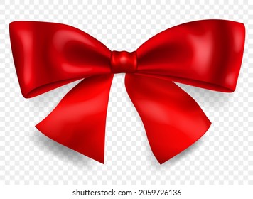 Beautiful big bow made of red ribbon with shadow, isolated on transparent background. Transparency only in vector format