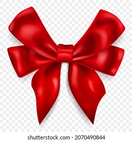 Beautiful big bow made of red ribbon with shadow, isolated on transparent background. Transparency only in vector format